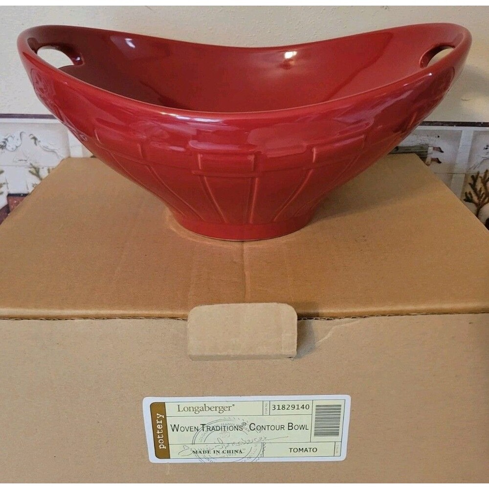 Longaberger Pottery Contour Bowl Woven Traditions TOMATO RED NEW in BOX Pasta